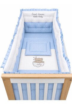 Set complet, lenjerie matlasata, albastru deschis cu buline, 120x60 cm