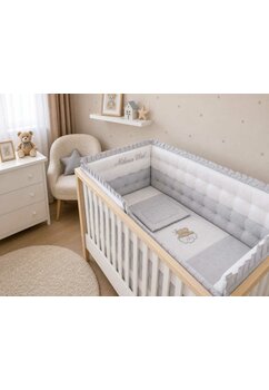 Set complet, lenjerie matlasata, gri cu buline, 120x60 cm