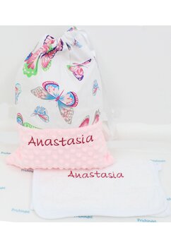 Set gradinita, saculet si prosopel, personalizat, minky roz cu butterfly, roz