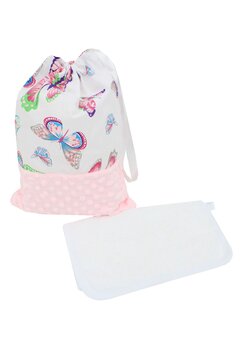 Set gradinita, saculet si prosopel, personalizat, minky roz cu butterfly, roz