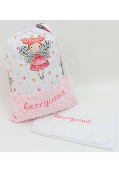 Set gradinita, saculet si prosopel, personalizat, minky roz si printesa fluture