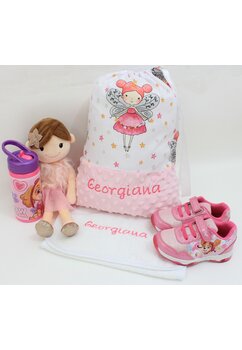 Set gradinita, saculet si prosopel, personalizat, minky roz si printesa fluture