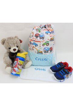 Set gradinita, saculet si prosopel, personalizat, minky turcoaz cu tractoare