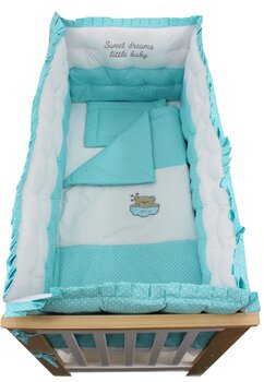 Set lenjerie matlasata, 4 laterale, turcoaz cu buline