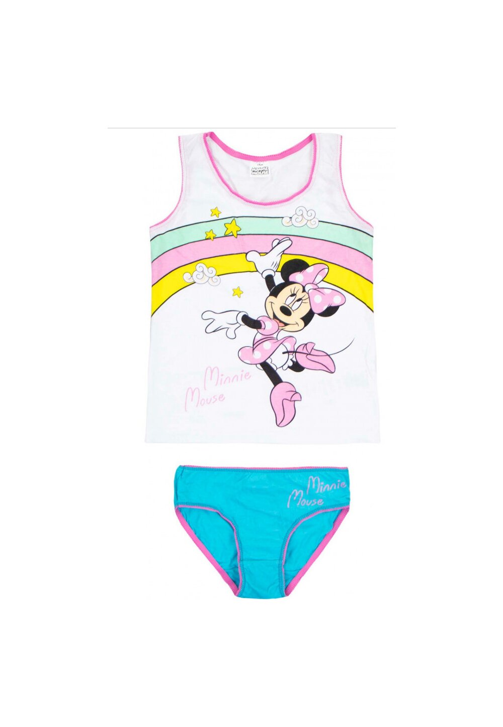 Set maieu+chilot, Minnie Mouse, stelute alb cu turcoaz