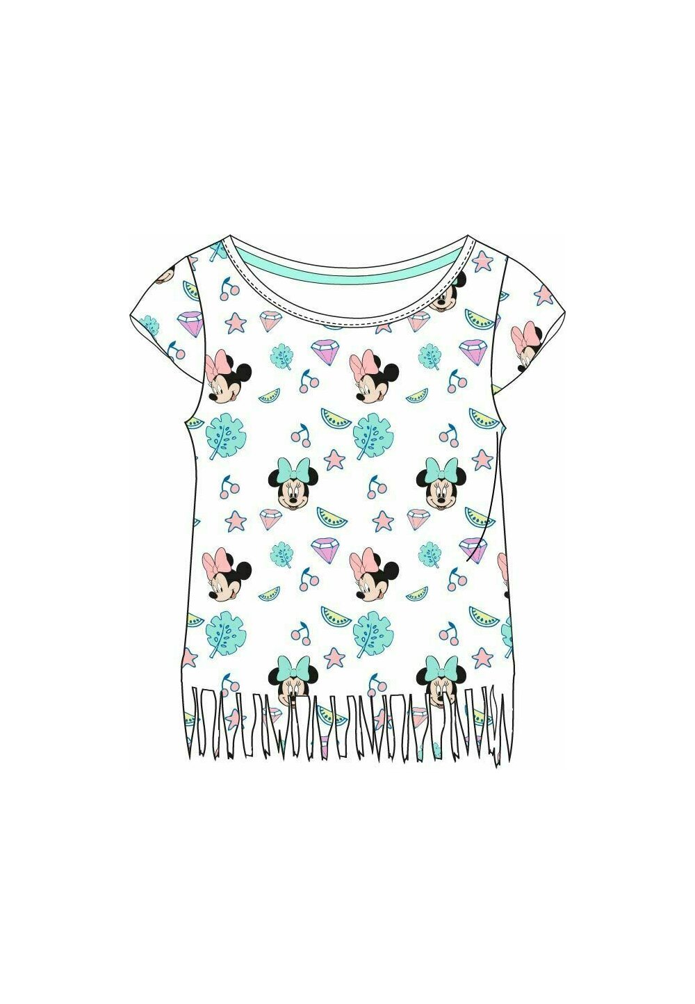 Tricou cu franjuri, Minnie Mouse, alb cu turcoaz