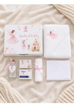 Trusou 8 piese, Amintiri de la botez, cutie de amintiri personalizata, alb cu roz