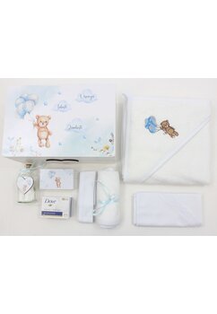 Trusou 8 piese, cutie de amintiri personalizata, ursuletul Martinel cu baloane albastre