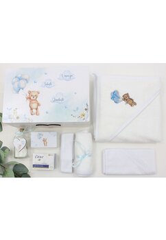 Trusou 8 piese, cutie de amintiri personalizata, ursuletul Martinel cu baloane albastre