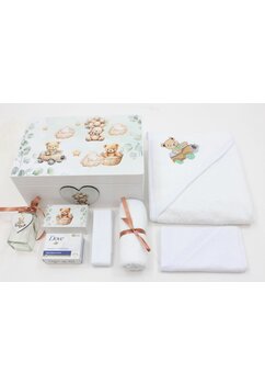 Trusou 8 piese, cutie de amintiri personalizata, ursuletul Martinel in masinuta, alb cu verde