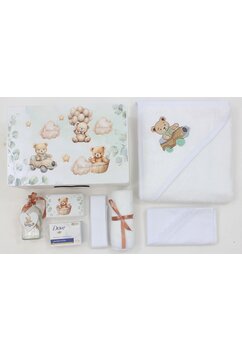 Trusou 8 piese, cutie de amintiri personalizata, ursuletul Martinel in masinuta, alb cu verde