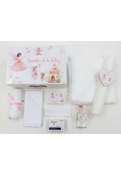 Trusou 9 piese, Amintiri de la botez, cutie de amintiri si lumanare, alb cu roz