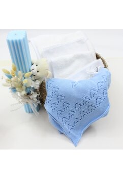 Trusou botez bumbac, cu paturica albastra, 6 piese, alb