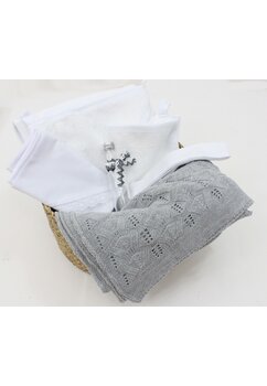 Trusou botez bumbac, cu paturica gri, 6 piese