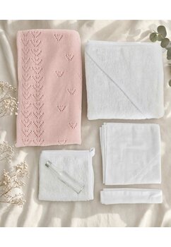 Trusou botez bumbac, cu paturica roz, 6 piese, alb