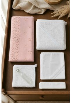 Trusou botez bumbac, cu paturica roz, 6 piese, alb