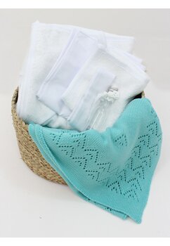 Trusou botez bumbac, cu paturica verde, 6 piese