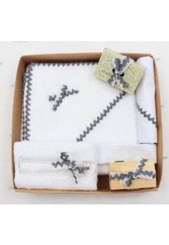 Trusou botez bumbac, Eli cu dantela gri, 7 piese, alb