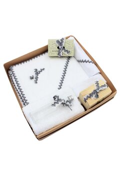 Trusou botez bumbac, Eli cu dantela gri, 7 piese, alb