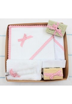 Trusou botez bumbac, Eli cu dantela roz, 7 piese, alb