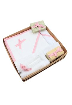 Trusou botez bumbac, Eli cu dantela roz, 7 piese, alb