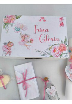 Trusou botez, cutie de amintiri personalizata, balerina roz