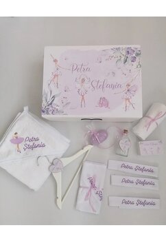 Trusou botez, cutie de amintiri personalizata, balerine cu rochita mov