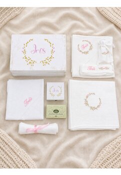 Trusou botez, cutie de amintiri personalizata, coronita crem cu roz