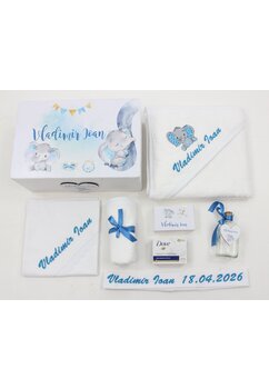 Trusou botez, cutie de amintiri personalizata, elefant albastru