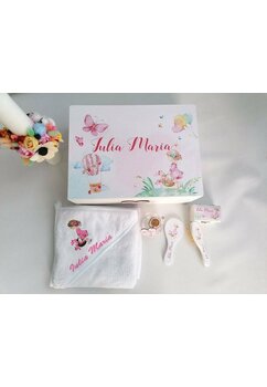 Trusou botez, cutie de amintiri personalizata, fetita cu flori roz