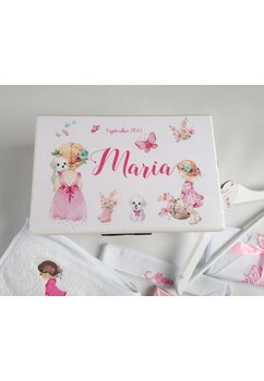 Trusou botez, cutie de amintiri personalizata, fetita si catel