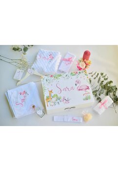 Trusou botez, cutie de amintiri personalizata, flamingo