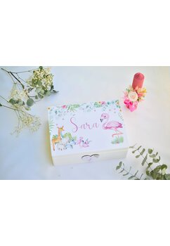 Trusou botez, cutie de amintiri personalizata, flamingo