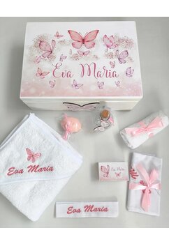 Trusou botez, cutie de amintiri personalizata, fluturasi roz