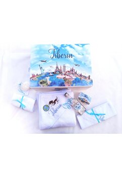 Trusou botez, cutie de amintiri personalizata, glob pamantesc