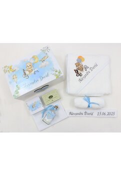 Trusou botez, cutie de amintiri personalizata, ursulet aviator albastru
