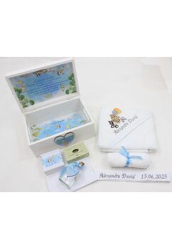 Trusou botez, cutie de amintiri personalizata, ursulet aviator albastru