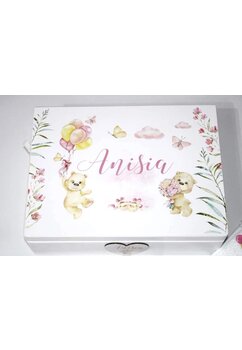 Trusou botez, cutie de amintiri personalizata, ursulet cu 3 baloane