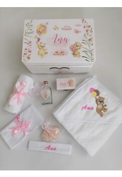 Trusou botez, cutie de amintiri personalizata, ursulet cu 3 baloane