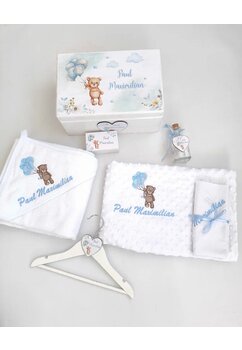 Trusou botez, cutie de amintiri personalizata, ursulet cu baloane albastre