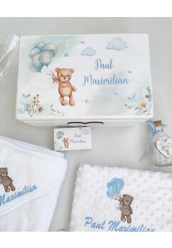 Trusou botez, cutie de amintiri personalizata, ursulet cu baloane albastre