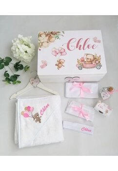 Trusou botez, cutie de amintiri personalizata, ursulet cu baloane roz