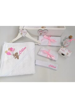 Trusou botez, cutie de amintiri personalizata, ursulet cu baloane roz