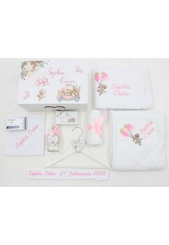 Trusou botez, cutie de amintiri personalizata, ursulet cu baloane roz