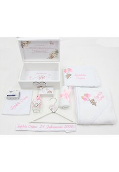 Trusou botez, cutie de amintiri personalizata, ursulet cu baloane roz