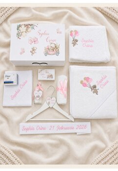 Trusou botez, cutie de amintiri personalizata, ursulet cu baloane roz