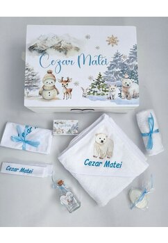 Trusou botez, cutie de amintiri personalizata, ursulet polar