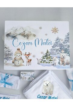 Trusou botez, cutie de amintiri personalizata, ursulet polar