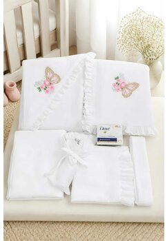 Trusou botez muselina, 8 piese, Butterfly, alb