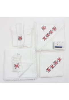 Trusou botez muselina, 8 piese, Flavi, cu model, alb